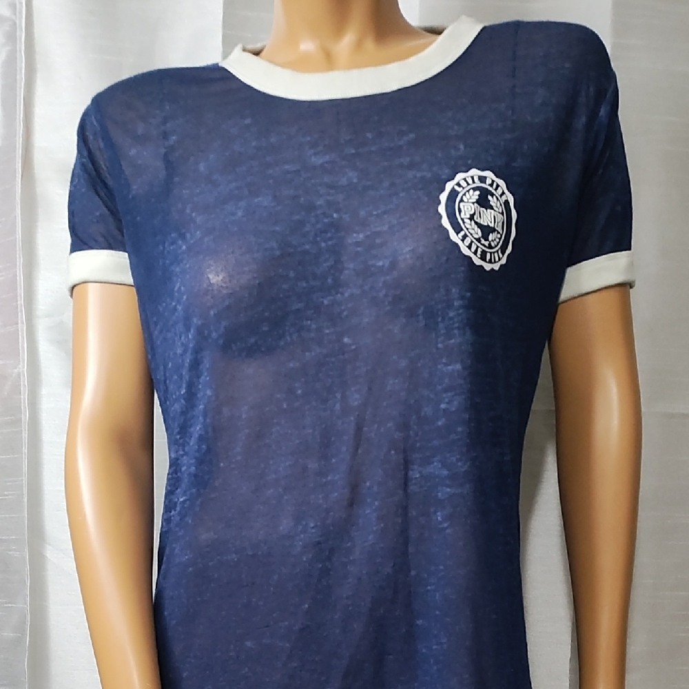PINK Victoria's Secret Navy Sheer Tee with White Logo
